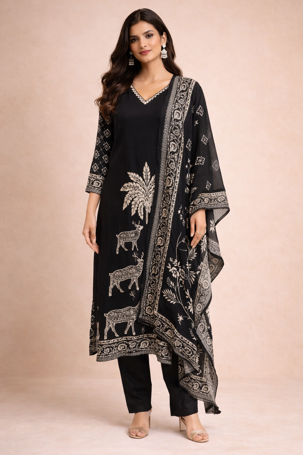 Classic Black Printed Kurta Pant Set with Dupatta